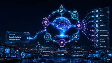 Conceptual illustration showing how an AI Agent processes tasks through Goal, Planning, Memory, Tools, Actions, Review and Results.