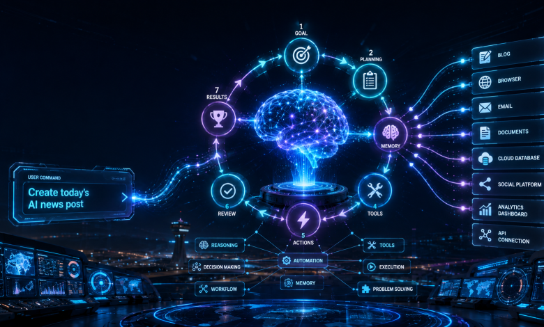 Conceptual illustration showing how an AI Agent processes tasks through Goal, Planning, Memory, Tools, Actions, Review and Results.
